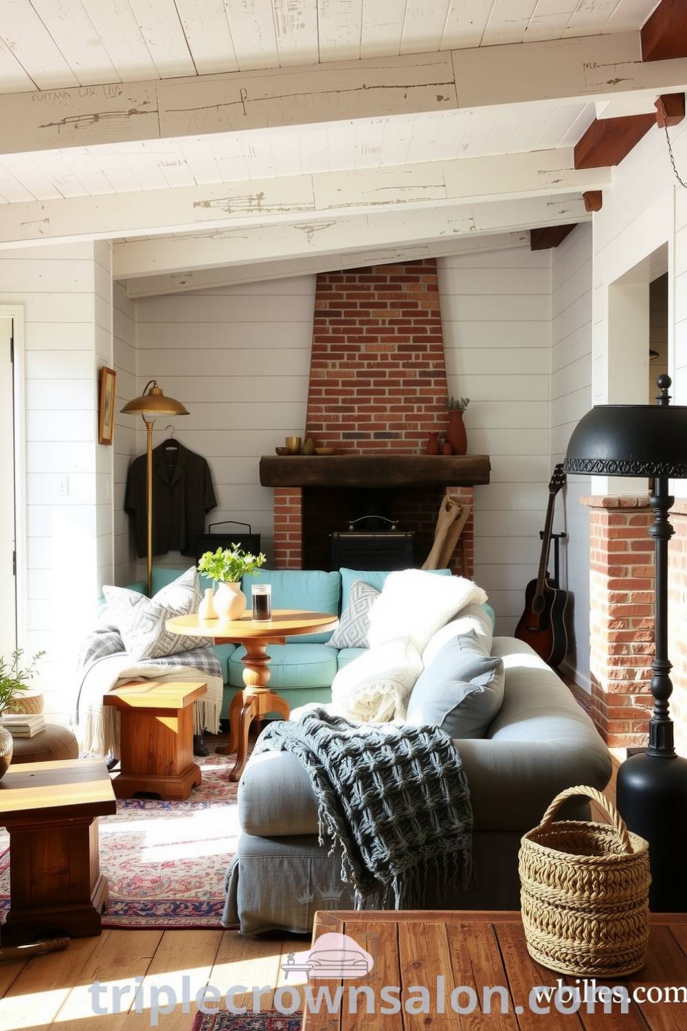 Rustic living room featuring whitewashed walls, reclaimed wood furniture, an overstuffed sofa, cozy knit throws, an old brick fireplace, and sunlight streaming through the window, showcasing cozy ideas for home decor inspirations at fireplacesandwoodstoves.com.