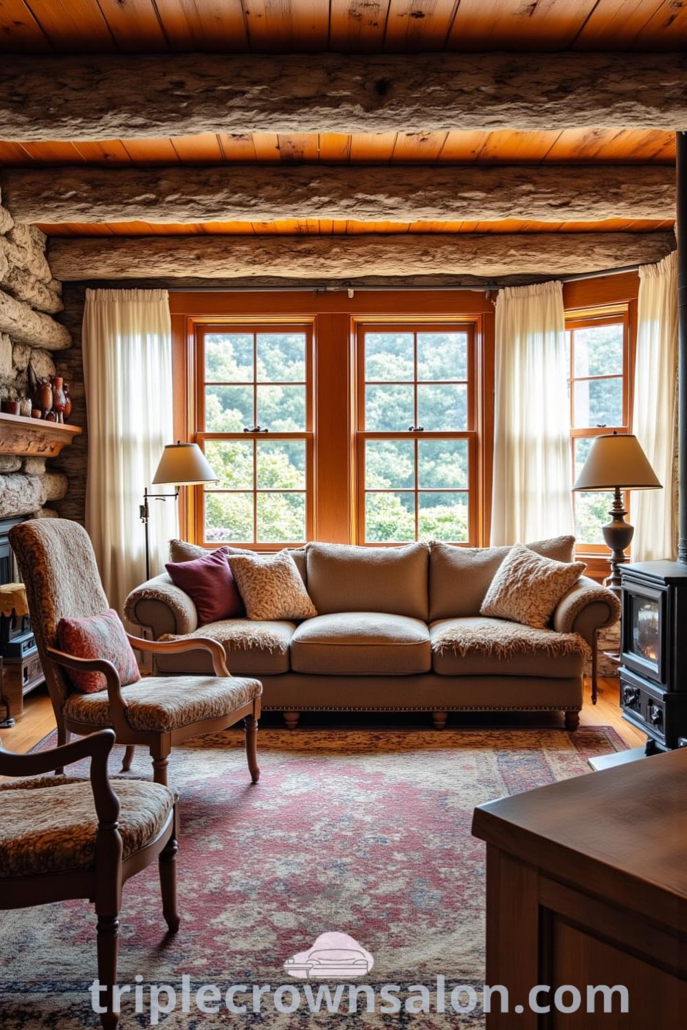 Cozy rustic living room with sunlight filtering through sheer curtains, showcasing weathered wooden beams and a plush sofa on a patterned rug, complemented by mismatched armchairs, creating a warm atmosphere perfect for gatherings. Visit fireplacesandwoodstoves.com for more inspiring decor ideas.