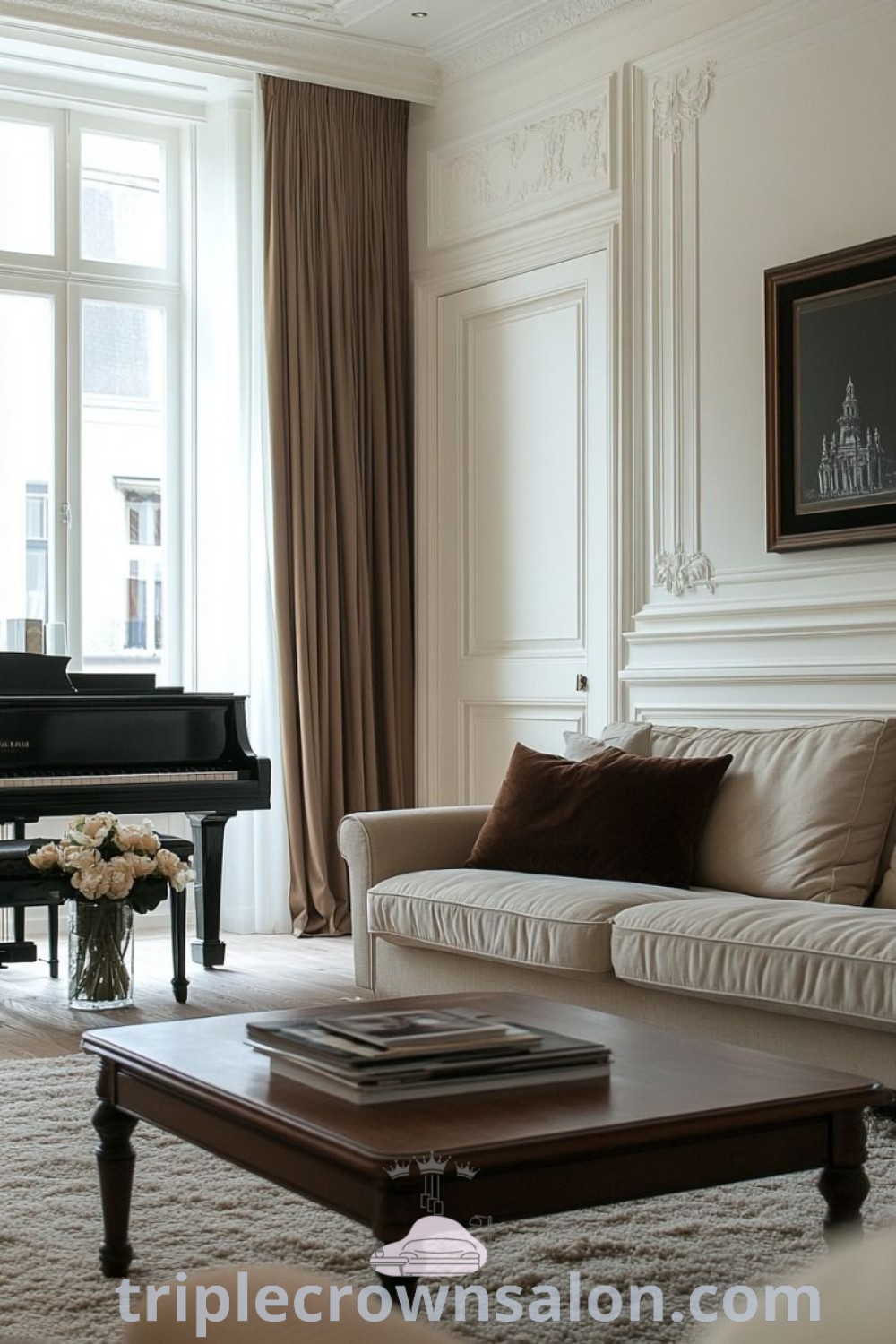 A stylish and cozy living room filled with elegant furniture and a grand piano, showcasing beautiful design ideas and renovation aesthetics. This space embodies the warmth and charm of Spanish homes, providing inspiring decor inspirations for your home. Discover unique ideas at wellnesswink.com.