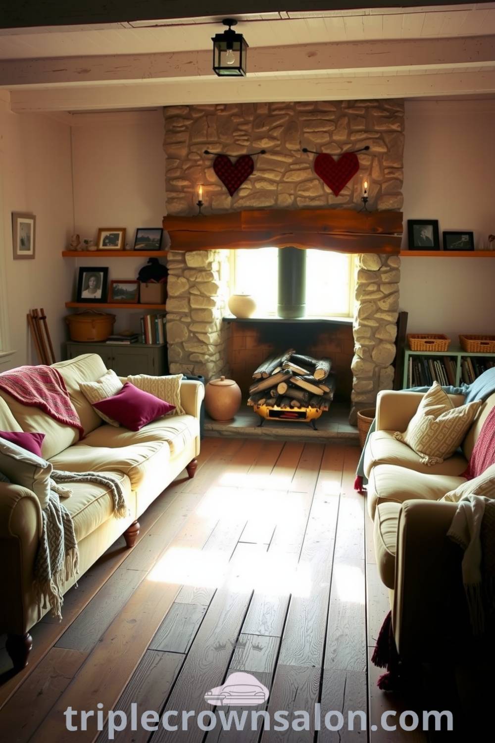 A cozy farmhouse living room featuring rustic wooden floors, an overstuffed couch with colorful throws, an old stone fireplace, and shelves with family photographs, creating an inviting and warm atmosphere that inspires cozy decor ideas for your home. Visit triplecrownsalon.com for more decor inspirations.