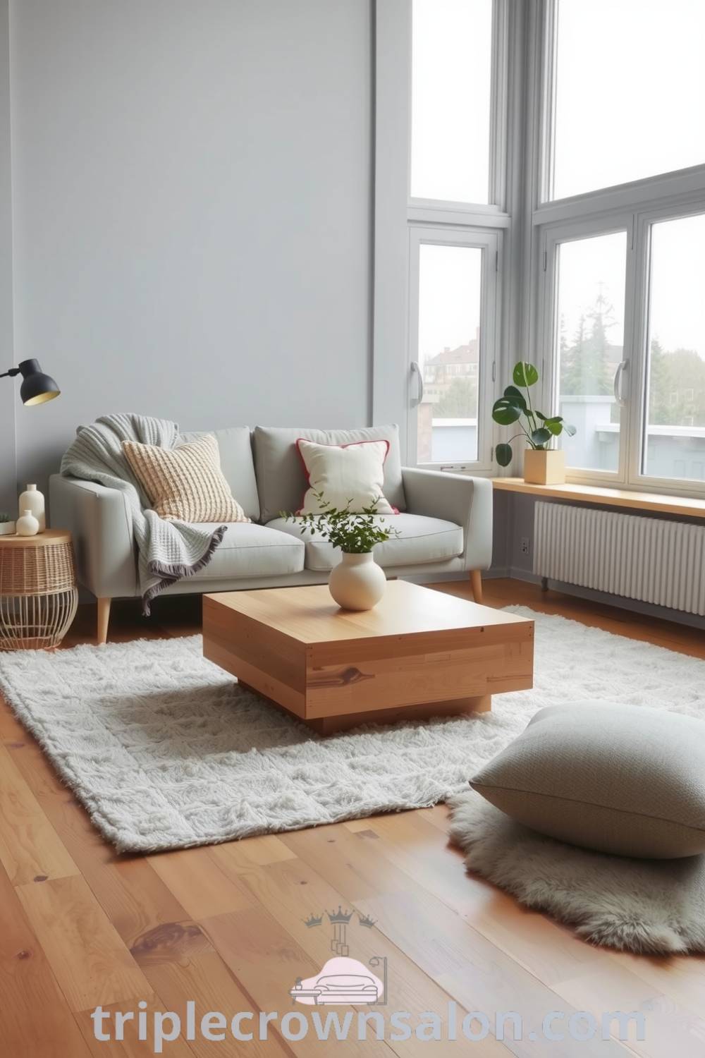 Scandinavian living room with soft grey tones, sleek wooden flooring, neutral rug, large windows, cozy sofa with woven cushions, wooden coffee table, and indoor plants, showcasing cozy design ideas for a warm and inviting space. Visit triplecrownsalon.com for more cozy home inspirations.