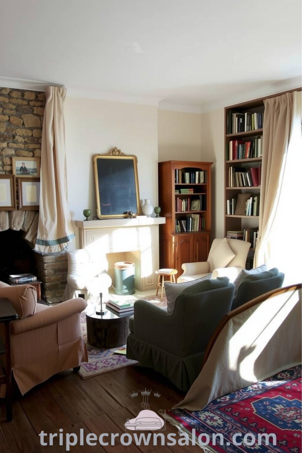 Cozy French living room with soft sunlight, sheer curtains, vintage armchairs, a well-loved sofa, a stone fireplace, and bookshelves filled with novels, showcasing inviting decor ideas and a cozy aesthetic for your home. Visit triplecrownsalon.com for unique decor inspirations.