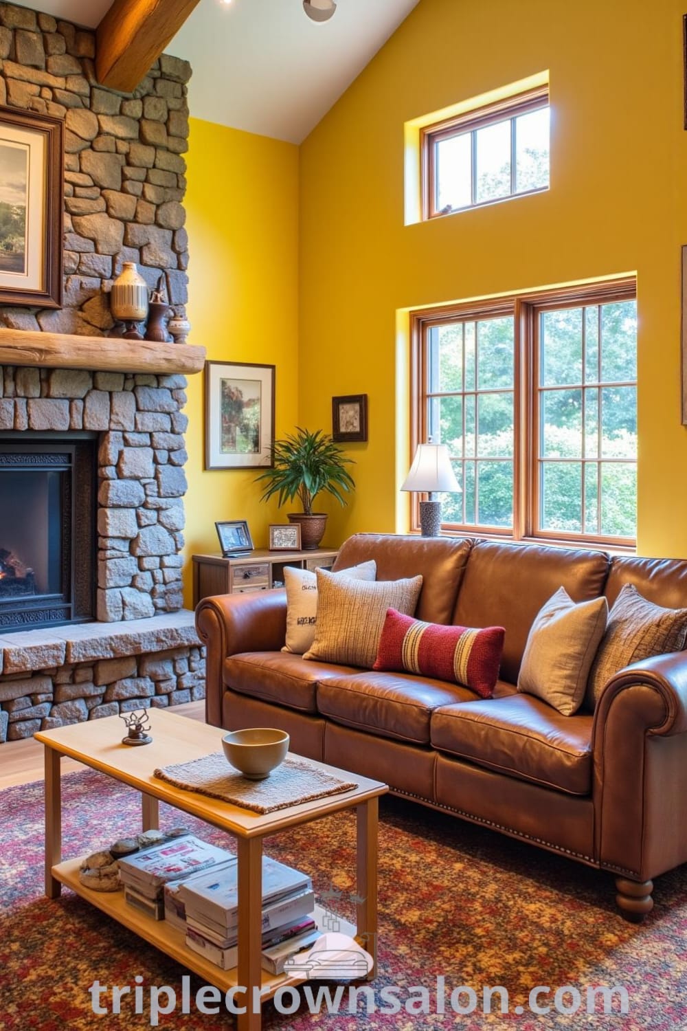 Rustic living room with sun-soaked yellow walls, natural wood furniture, a worn leather sofa, a stone fireplace, and cozy accents like a handwoven rug and mismatched throw pillows, showcasing inspiring cozy ideas for your home at fireplacesandwoodstoves.com.
