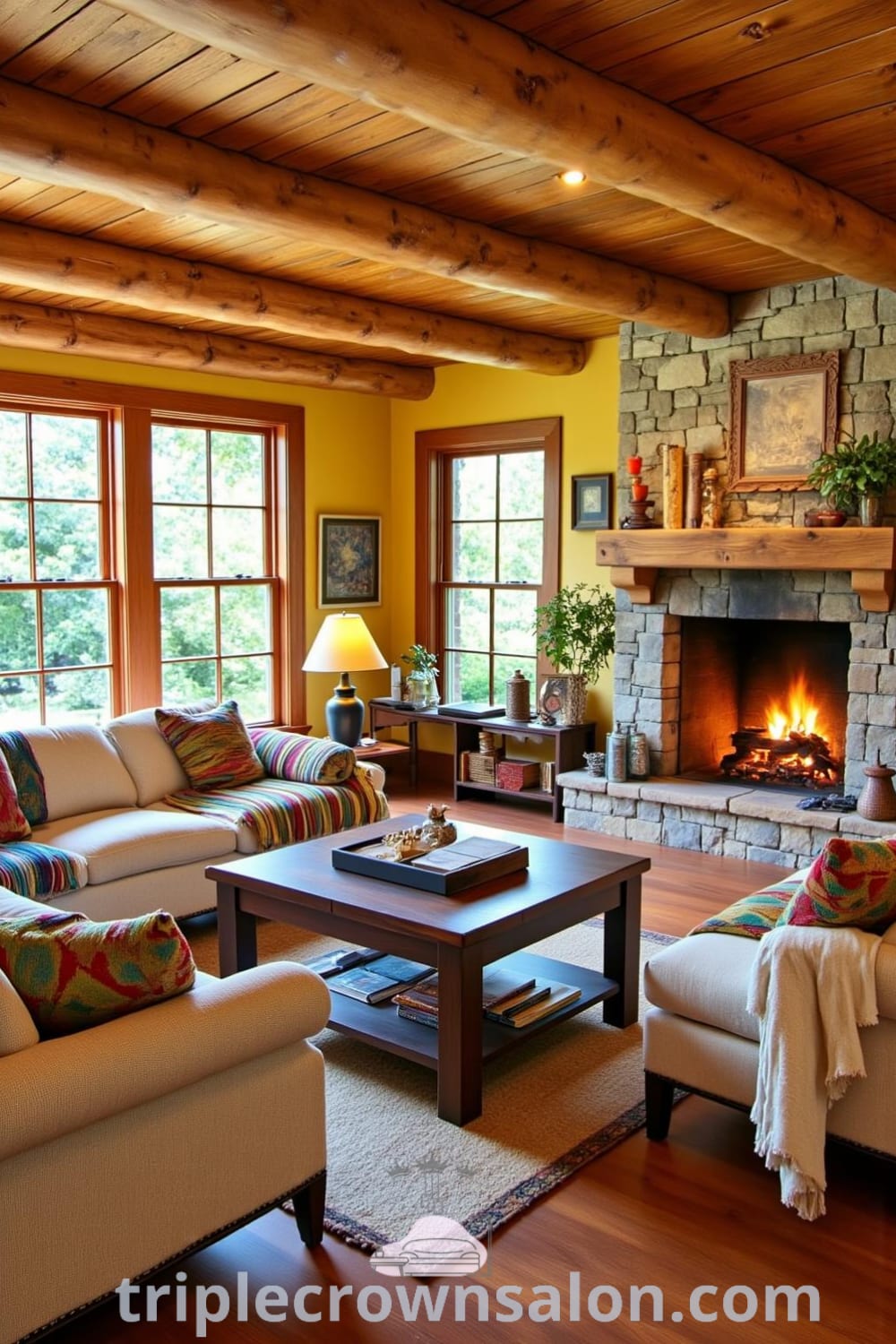 Cozy rustic living room with natural wood floors and beams, featuring plush mismatched sofas, a weathered stone fireplace, and colorful pillows, reflecting inviting decor inspiration for a warm atmosphere, as seen on fireplacesandwoodstoves.com.