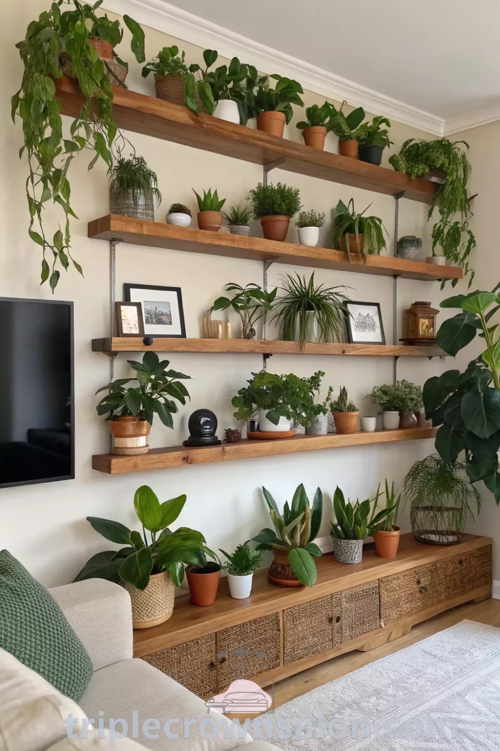 A cozy living room filled with an abundance of indoor plants arranged on wooden shelves, showcasing inspiring plant decor ideas. This vibrant space offers unique ideas for your home, including plant shelves wall indoor and glass shelf ideas. Discover more decor inspirations at triplecrownsalon.com.