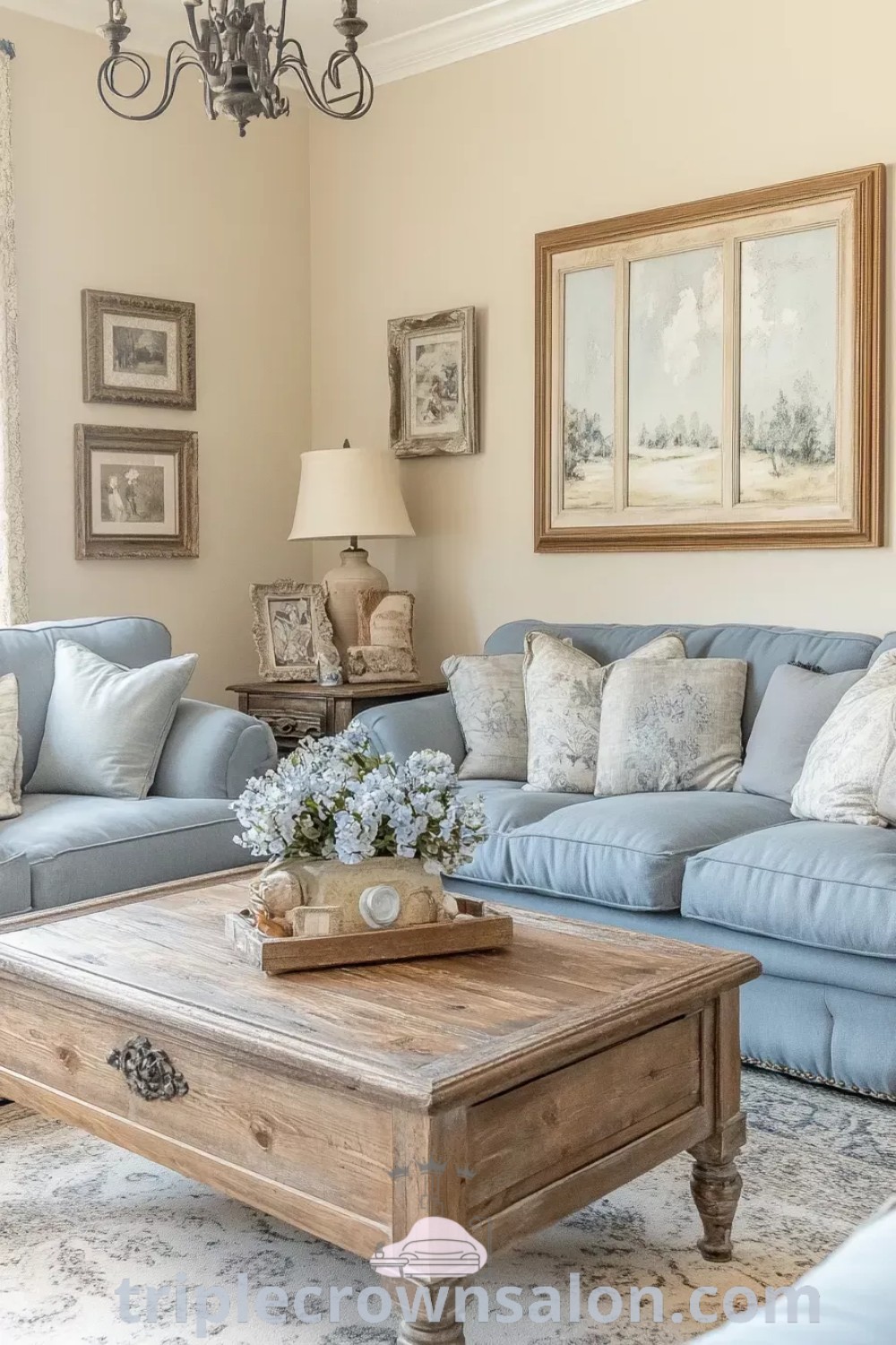 A cozy French country living room featuring chalk blue decor, inviting furniture, and a chandelier above a coffee table by a window, embodying design ideas that enhance comfort. Discover more unique ideas for your home at triplecrownsalon.com.