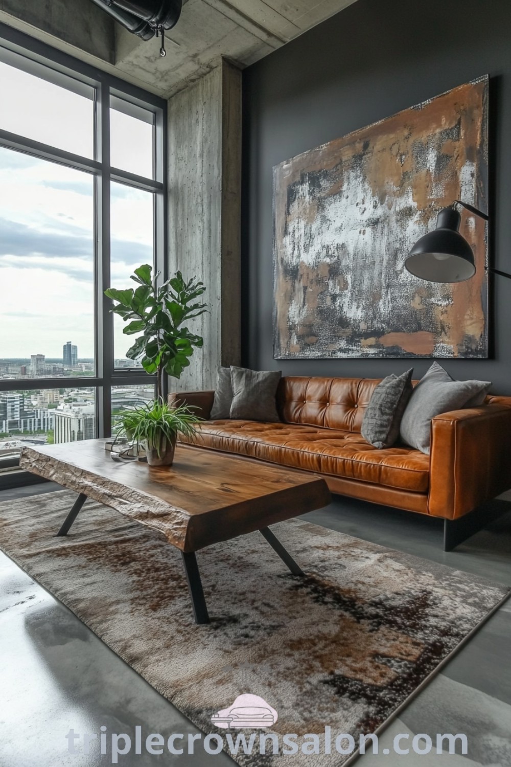 An industrial living room showcasing a cozy sofa, modern coffee table, and large window with city views, highlighting masculine decor elements. This unique space provides inspiring ideas for your home and decor ideas for small spaces, perfect for a bachelor pad. Visit triplecrownsalon.com for more design ideas.