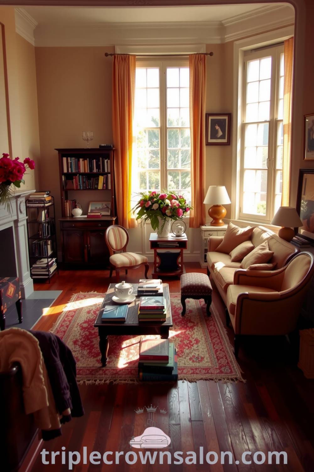 Cozy French living room bathed in natural light, featuring a plush sofa, mismatched armchairs, a rustic coffee table with books, a tall bookshelf, fresh flowers, creating a warm and inviting space perfect for relaxation and entertainment. Visit triplecrownsalon.com for inspiring decor ideas for your home.