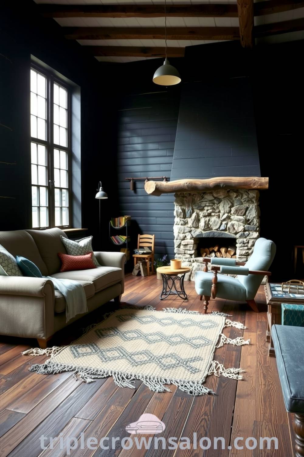 Rustic living room with deep black walls, unrefined wooden textures, soft fabrics, and a cozy stone fireplace, showcasing decor ideas and inspirations for creating a warm, inviting home, as seen on fireplacesandwoodstoves.com.
