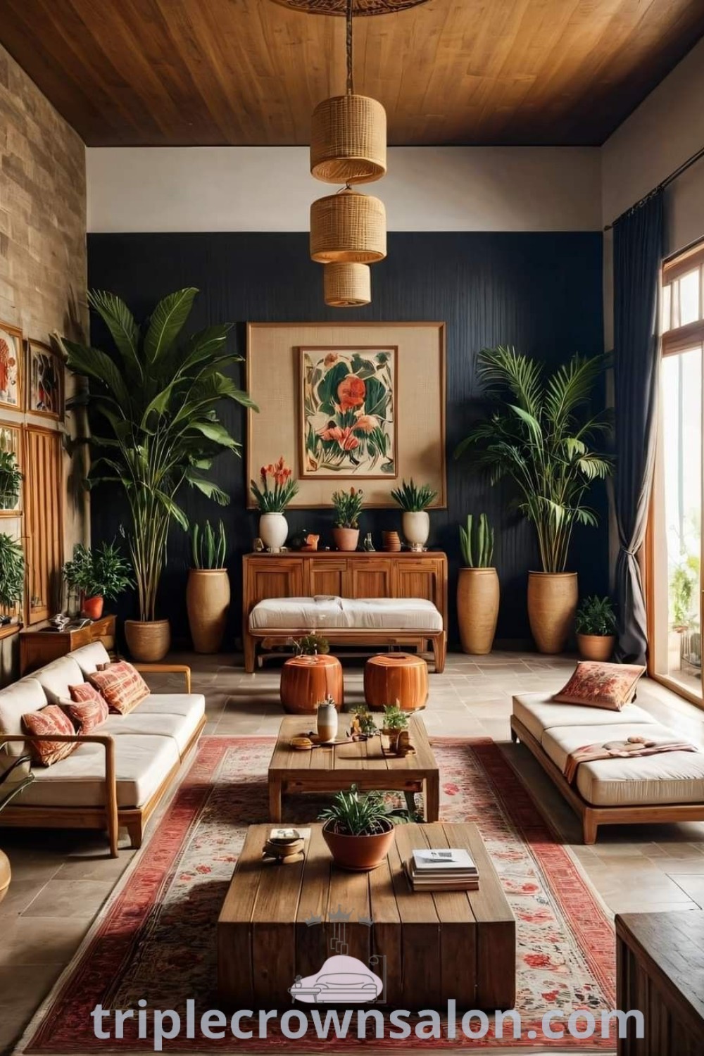 A beautifully decorated Bohemian living room filled with furniture, plants, and unique decor elements, showcasing cozy ideas for a vibrant and inviting atmosphere. This design captures inspiring living room decor ideas for small spaces. Explore more at triplecrownsalon.com.