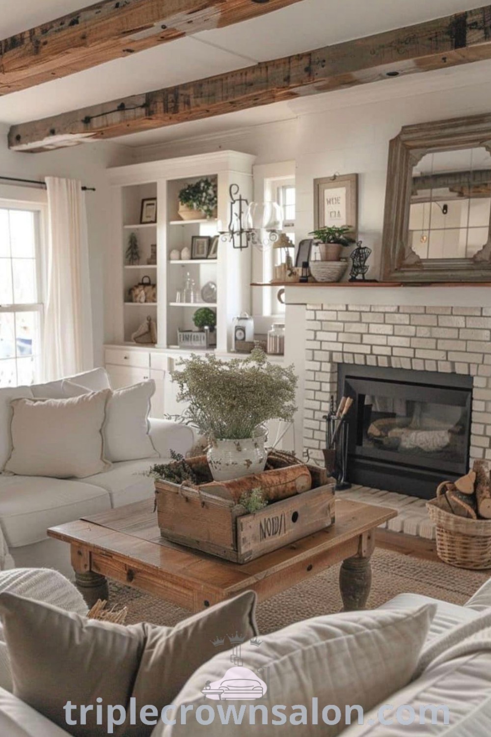 A cozy farmhouse living room filled with stylish furniture and a welcoming fireplace, showcasing rustic decor ideas and design inspirations for small spaces. This warm and inviting interior offers unique cozy ideas for your home. Explore more at triplecrownsalon.com.