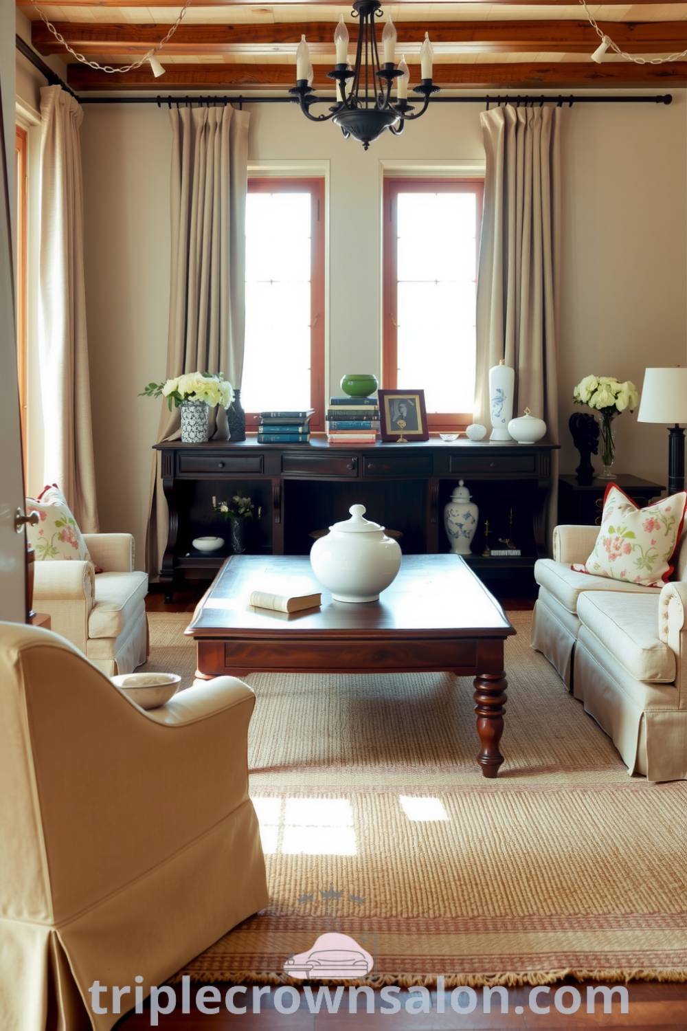 Cozy French living room featuring soft earthy tones, a worn wooden coffee table, plush floral-patterned armchairs, thick curtains, vintage books, and porcelain vases, creating a warm and inviting atmosphere perfect for gatherings or relaxation. For more cozy ideas, visit triplecrownsalon.com.