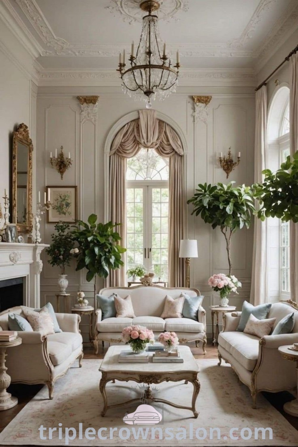 A cozy living room designed with Parisian house decor featuring stylish furniture and flowers on a coffee table, inspired by Bridgerton aesthetics. This inviting decor offers unique ideas for your home, blending modern French elegance with comfortable touches. For more inspiring decor ideas, visit triplecrownsalon.com.