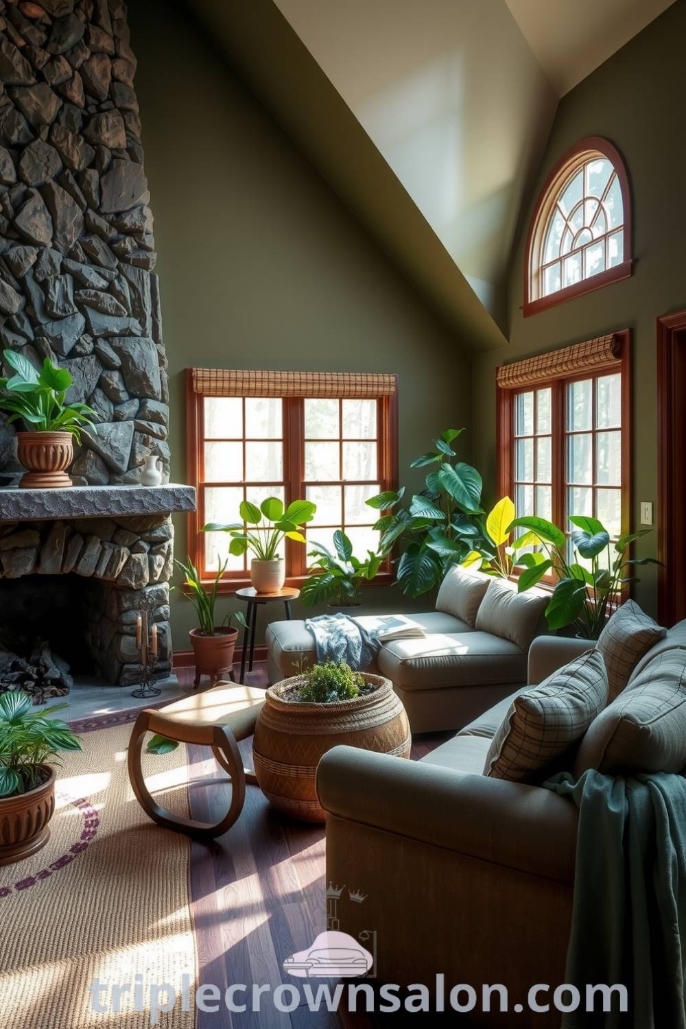 Tranquil living room featuring earthy greens and soft browns, a rugged stone fireplace, jute rug, large windows with sunlight, textured fabrics, and potted plants, creating a cozy home ambiance. Visit triplecrownsalon.com for cozy decor ideas and inspirations.