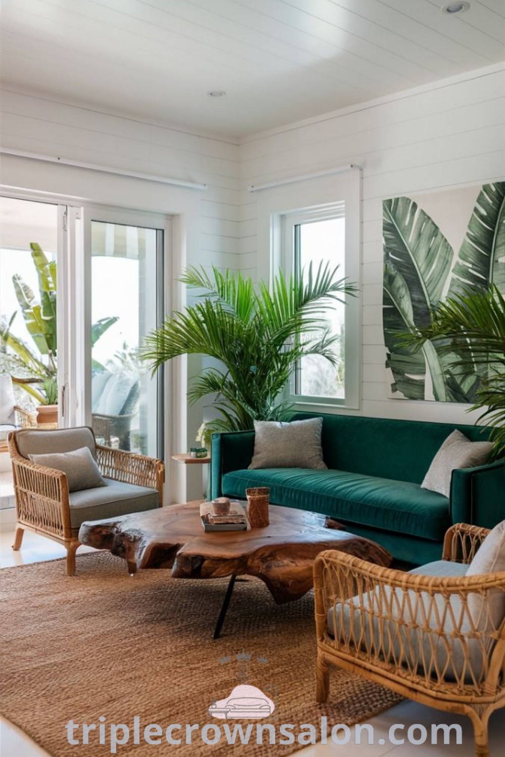 A tropical living room showcasing palm trees, stylish furniture, and a cozy aesthetic. This design combines coastal inspiration with minimal tropical elements to create a vibrant atmosphere. Discover unique ideas for your home and decor inspirations at triplecrownsalon.com.
