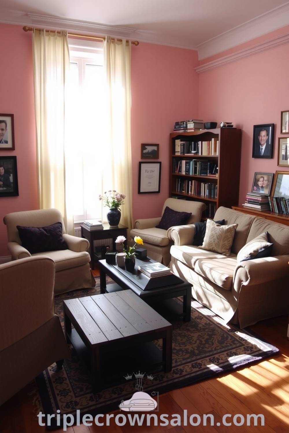 Cozy living room with soft pink walls, well-loved armchairs, a plush sofa around a rustic wooden coffee table, and family photos, creating an inviting atmosphere with decor ideas for your home, enhancing comfort and a lived-in feel. Visit fireplacesandwoodstoves.com for more unique ideas.