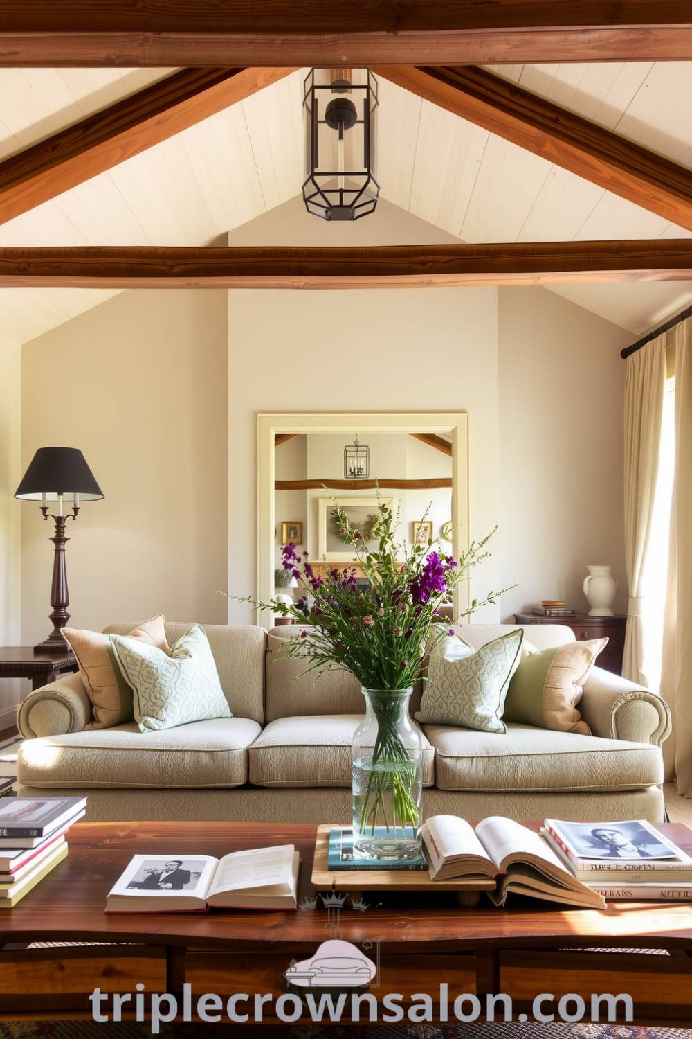 Cozy French living room with wooden beams, plush sofa, patterned pillows, rustic coffee table with books and wildflowers, offering inspiring decor ideas for creating a cozy home atmosphere. Visit triplecrownsalon.com for more design ideas.