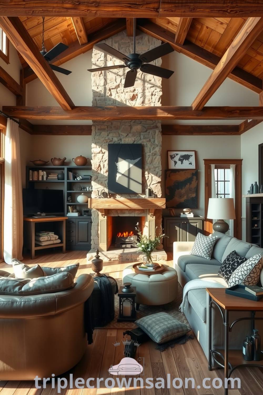 Rustic living room with wooden beams, oversized furniture, and a large stone fireplace, creating a warm and inviting atmosphere perfect for gathering, featuring cozy decor ideas and sunlight filtering through sheer curtains, from fireplacesandwoodstoves.com.