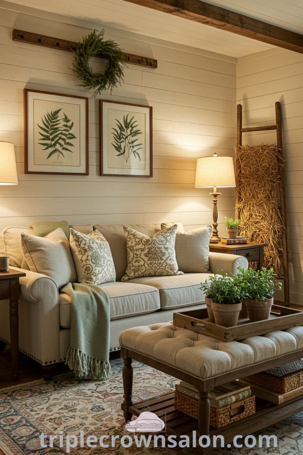 A cozy farmhouse living room filled with inviting furniture, beautiful decor, and wooden floors adorned with rugs, featuring design ideas for a southern living aesthetic. This space offers inspiring decor ideas for creating a warm and welcoming home environment. Explore more at triplecrownsalon.com.