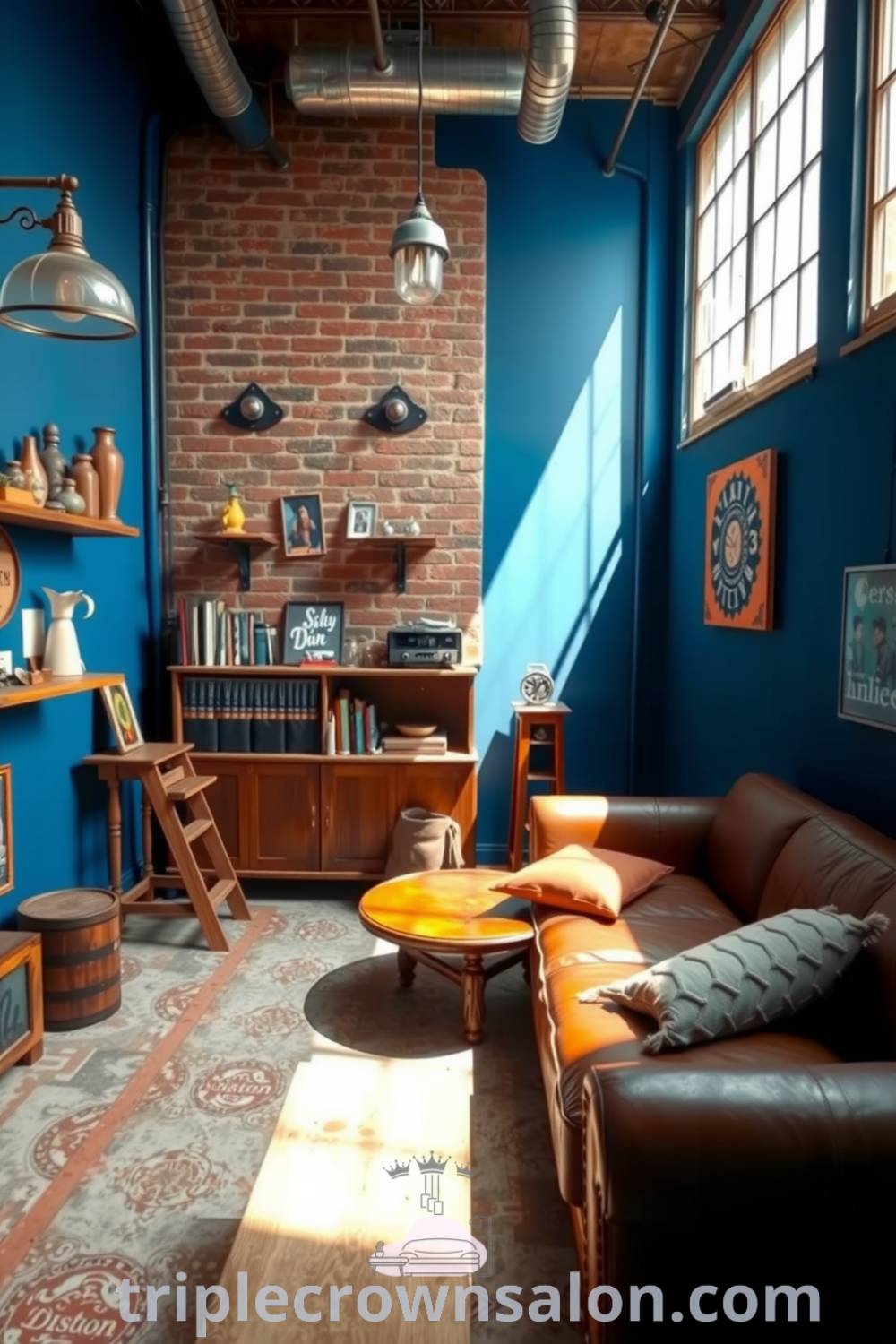 Industrial living room featuring blue walls, exposed brick, vintage furniture, weathered metal accents, and oversized cushions, offering cozy ideas and inspiring decor ideas for an inviting home ambiance. For more, visit triplecrownsalon.com.