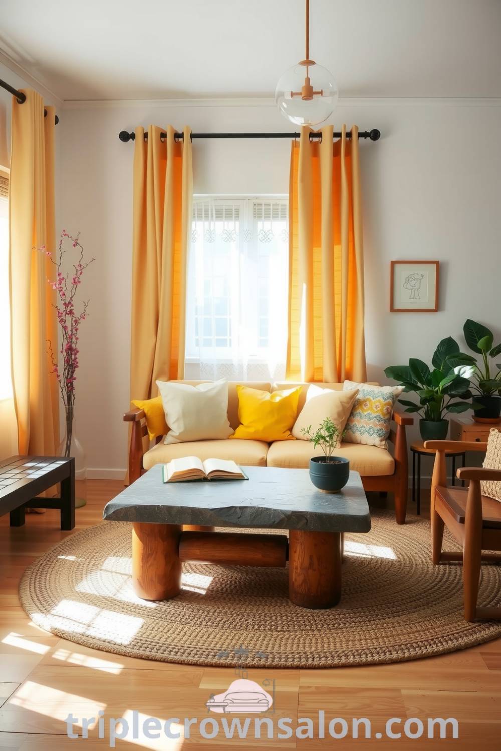 Japandi living room with earthy wooden furniture, a smooth stone coffee table, soft yellow accents, sheer linen curtains, plush woven rug, and potted plants, creating a cozy aesthetic perfect for relaxing or reading. For more decor ideas, visit triplecrownsalon.com.