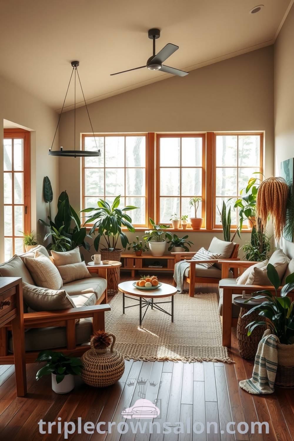 Nature-inspired living room featuring soft earth tones, natural wood furniture, a cozy woven rug, potted plants, and large windows allowing sunlight, creating a serene atmosphere ideal for relaxation and connection with nature showcased on triplecrownsalon.com.