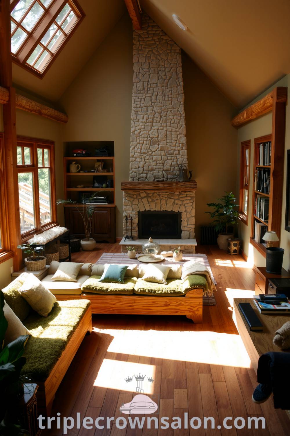 Spacious nature-inspired living room with sunlight filtering through large windows, warm wooden floor, reclaimed wood furniture, plush mossy cushions, and vibrant potted plants, featuring a stone fireplace, embodying cozy ideas and unique decor inspirations for your home on triplecrownsalon.com.