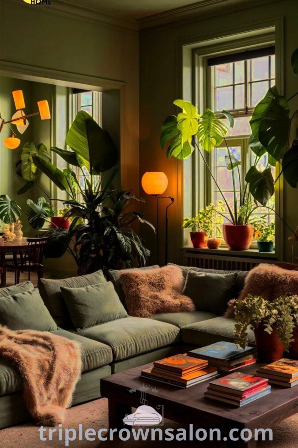 A cozy green living room featuring green walls, a grey carpet, a green couch, and potted plants on the windowsill, showcasing unique decor inspirations for apartment decorating. This inviting space offers ideas for your home and tips for creating a cozy aesthetic. Visit triplecrownsalon.com for more decor ideas and inspirations.
