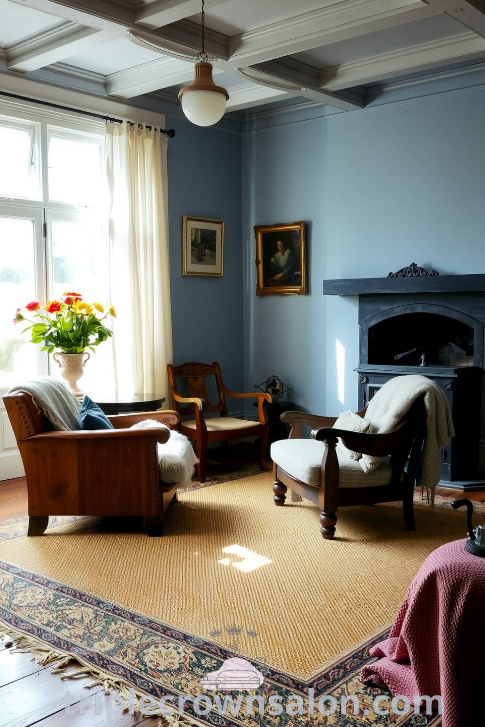 Cozy farmhouse living room adorned with soft blue walls, weathered wooden furniture, textured rugs, sheer curtains, a crackling fireplace, and inviting throw blankets, presenting cozy decor ideas and inspiration for creating a serene home atmosphere on triplecrownsalon.com.