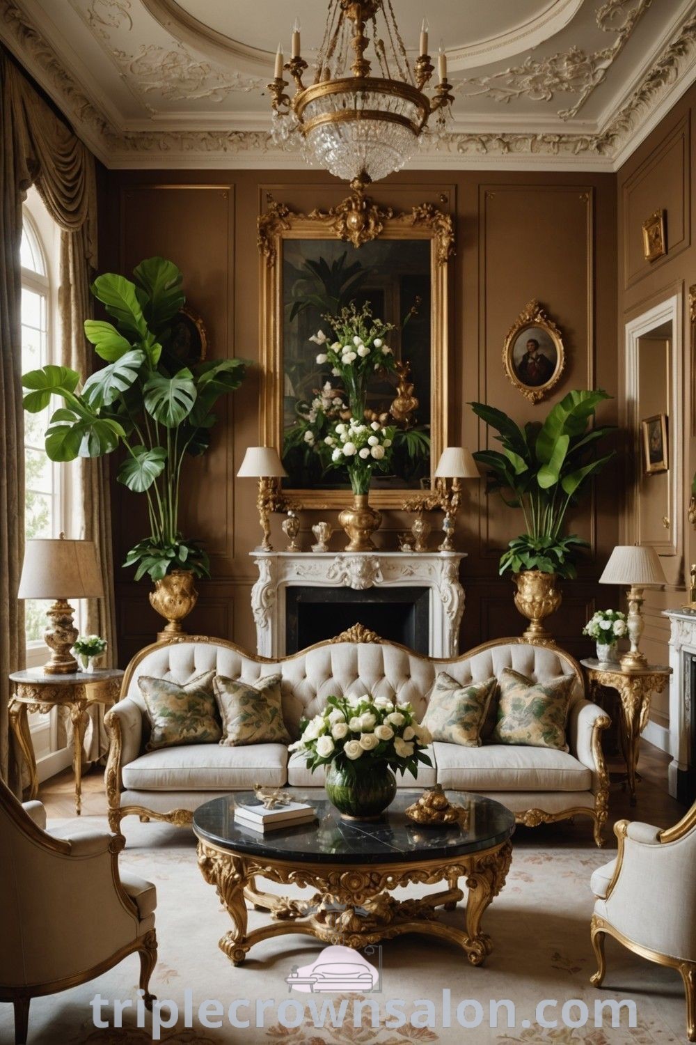 A Victorian-inspired living room filled with elegant furniture, flowers on a coffee table, and traditional charm that captures the essence of Bridgerton interior design. Discover cozy ideas and decorating inspirations for your home at triplecrownsalon.com.