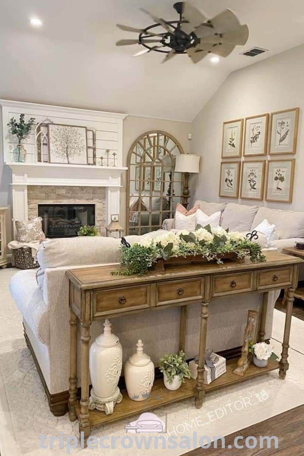 A cozy farmhouse living room filled with furniture and a fireplace, showcasing modern farmhouse living room decor ideas and country decorating inspirations. This inviting space offers unique ideas for a warm and comfortable home. Discover more at triplecrownsalon.com.