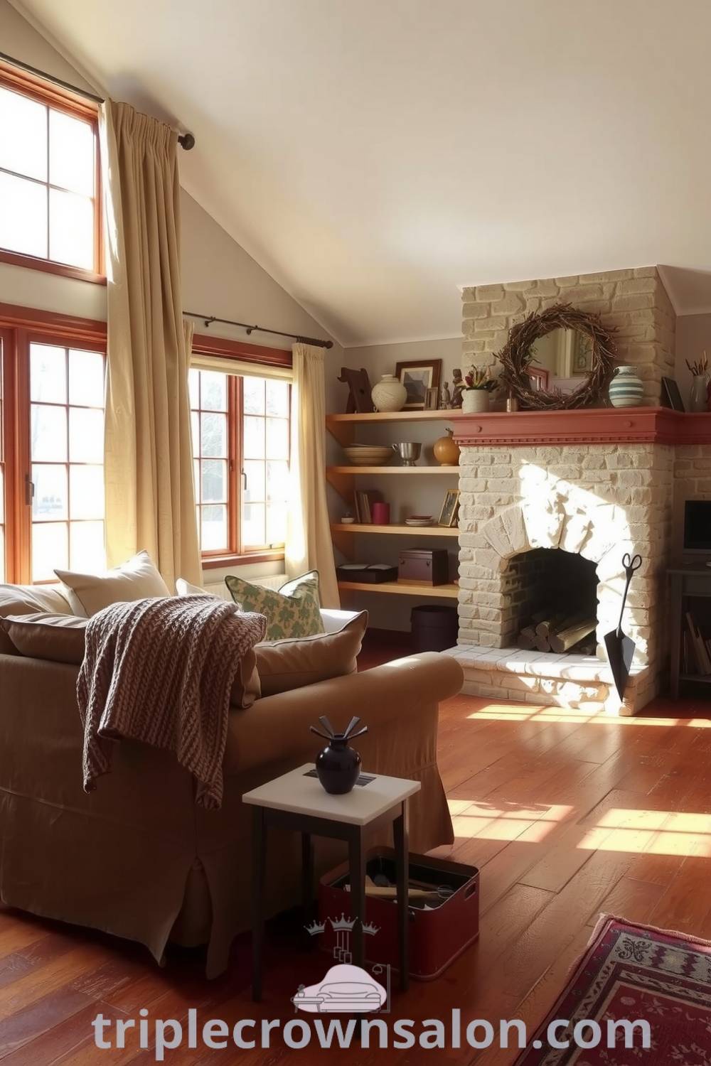 Cozy farmhouse living room with sunlight filtering through linen curtains, an oversized sofa with a hand-knit throw, a stone fireplace with rustic tools, and mismatched decor showcasing family heirlooms and seasonal accents, creating an inviting and lovingly curated space for gatherings and relaxation. Visit triplecrownsalon.com for inspiring decor ideas.