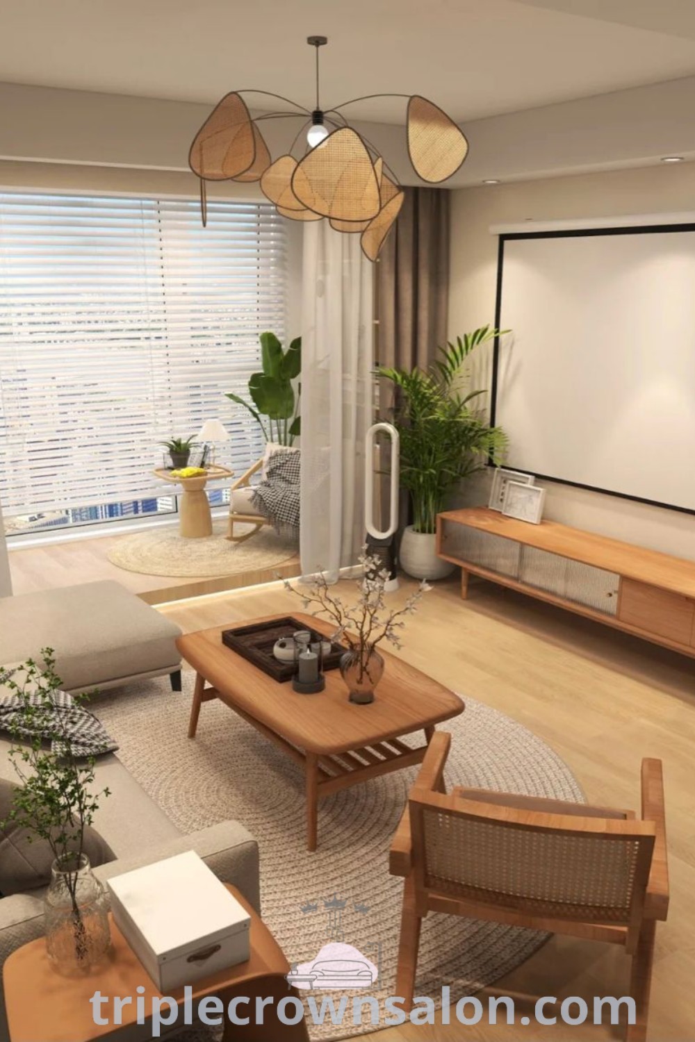 A Japandi inspired living room showcasing furniture arrangements with a flat-screen TV, emphasizing minimalist design and cozy aesthetics. This space offers unique ideas for cozy home decor and inspiring inspirations for your home. Explore more decor ideas at triplecrownsalon.com.