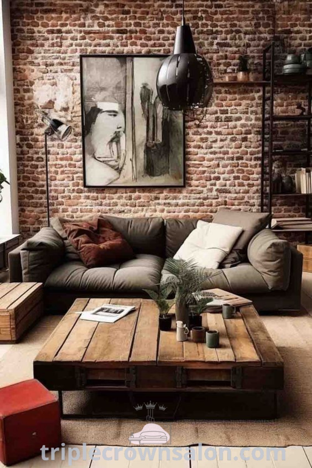 An industrial chic living room with exposed brick walls, wooden flooring, and a vintage coffee table offers cozy decor ideas for your home. This design showcases unique industrial style decor inspired by the Meatpacking District aesthetics, perfect for loft interiors. Explore more design tips at triplecrownsalon.com.