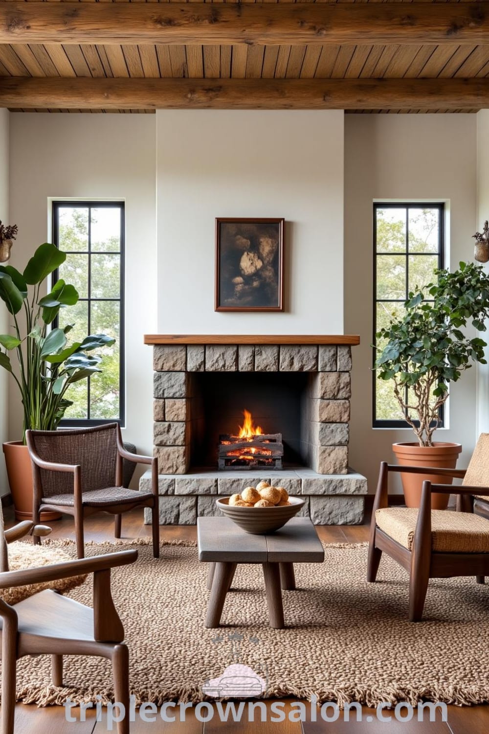 Cozy rustic living room showcasing a sturdy wooden coffee table, mismatched chairs, a rough-hewn stone fireplace with crackling logs, textured woven rugs, and green plants in terracotta pots, offering unique ideas for your home decor that inspires warmth and comfort. Visit fireplacesandwoodstoves.com for more inspiring decor ideas.