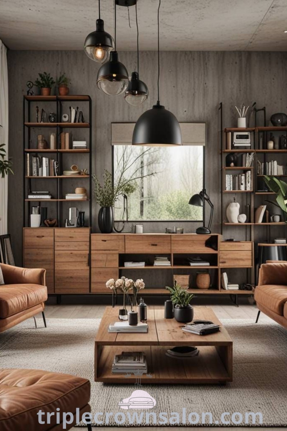 An industrial-style living room with warm decor, featuring functional furniture, large windows, and unique elements that create a cozy atmosphere. Discover inspiring decor ideas for small spaces at triplecrownsalon.com.