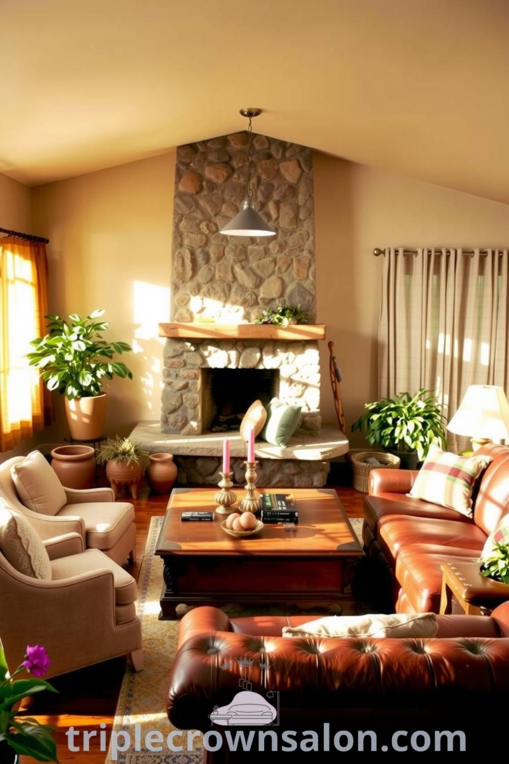Cozy living room with warm brown tones, a rough stone fireplace, mismatched plush armchairs, a weathered leather sofa, and sunlight filtering through linen curtains, creating an inviting atmosphere. Visit triplecrownsalon.com for more cozy design ideas and inspirations.