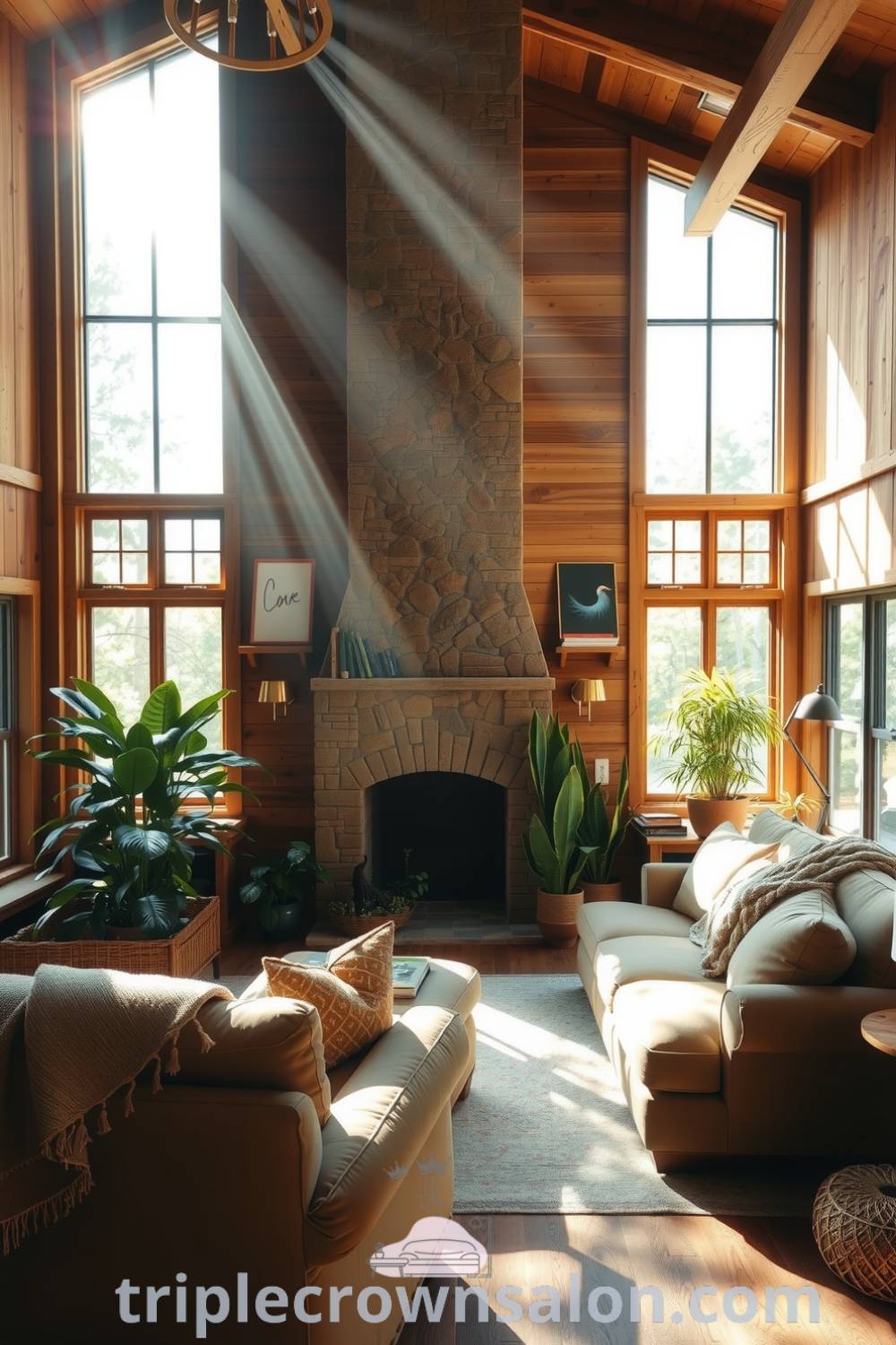 Nature-inspired living room featuring large airy windows, reclaimed wood walls, a plush earthy-toned sofa, a central stone fireplace, and vibrant potted plants, offering cozy decor ideas and inspirations for a comfortable home atmosphere. Visit triplecrownsalon.com for more cozy home design tips.