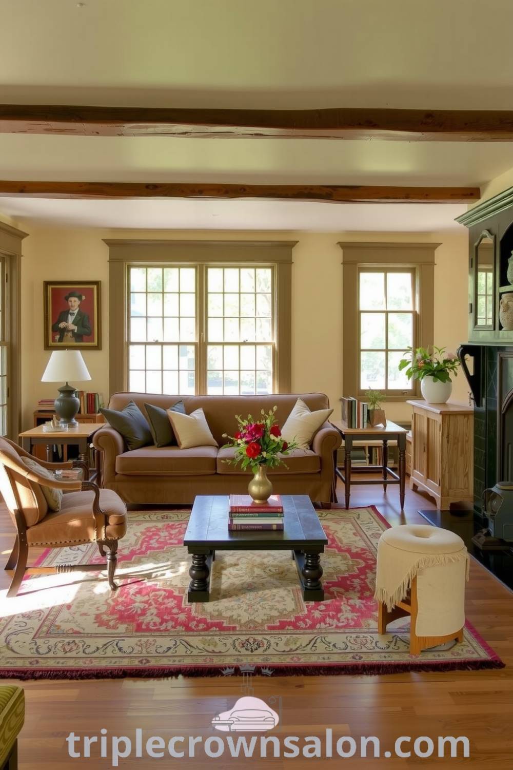 Cozy farmhouse living room featuring beige walls, a plush sofa, rustic wooden side tables with books, a vintage rug, and a crackling fireplace, providing warm and inviting decor ideas that evoke a cozy aesthetic for your home at triplecrownsalon.com.