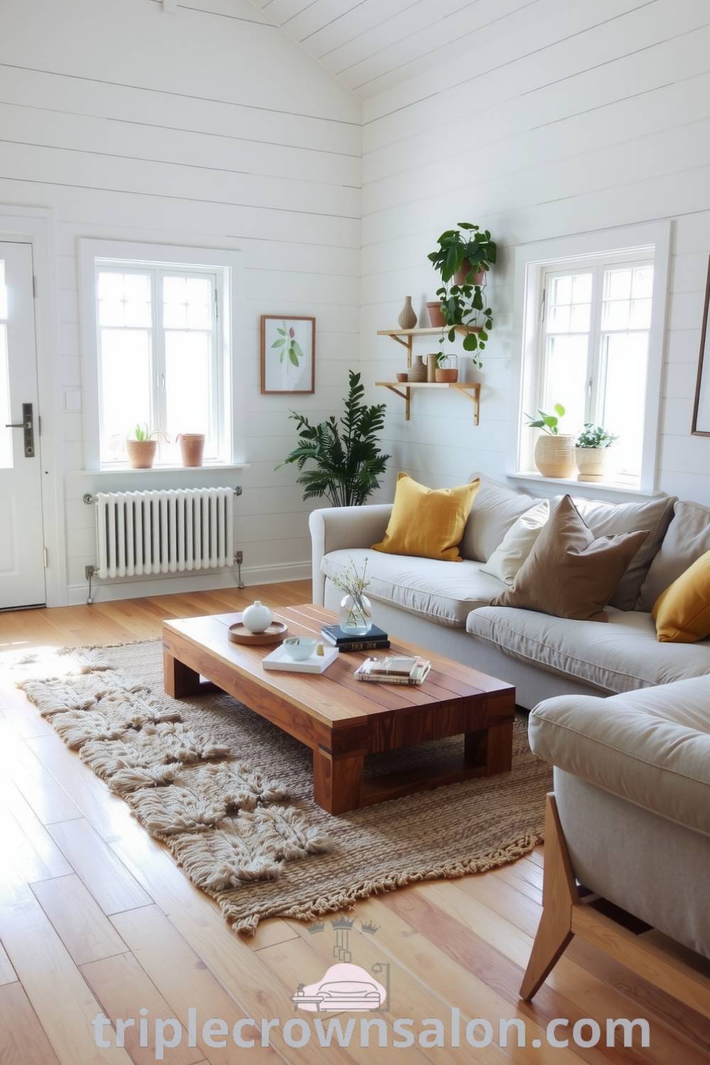 Cozy Scandinavian living room design featuring whitewashed walls, light hardwood floors, oversized sofa in muted earth tones, textured rug, and potted greenery, providing cozy ideas for your home and unique decor inspirations at triplecrownsalon.com.
