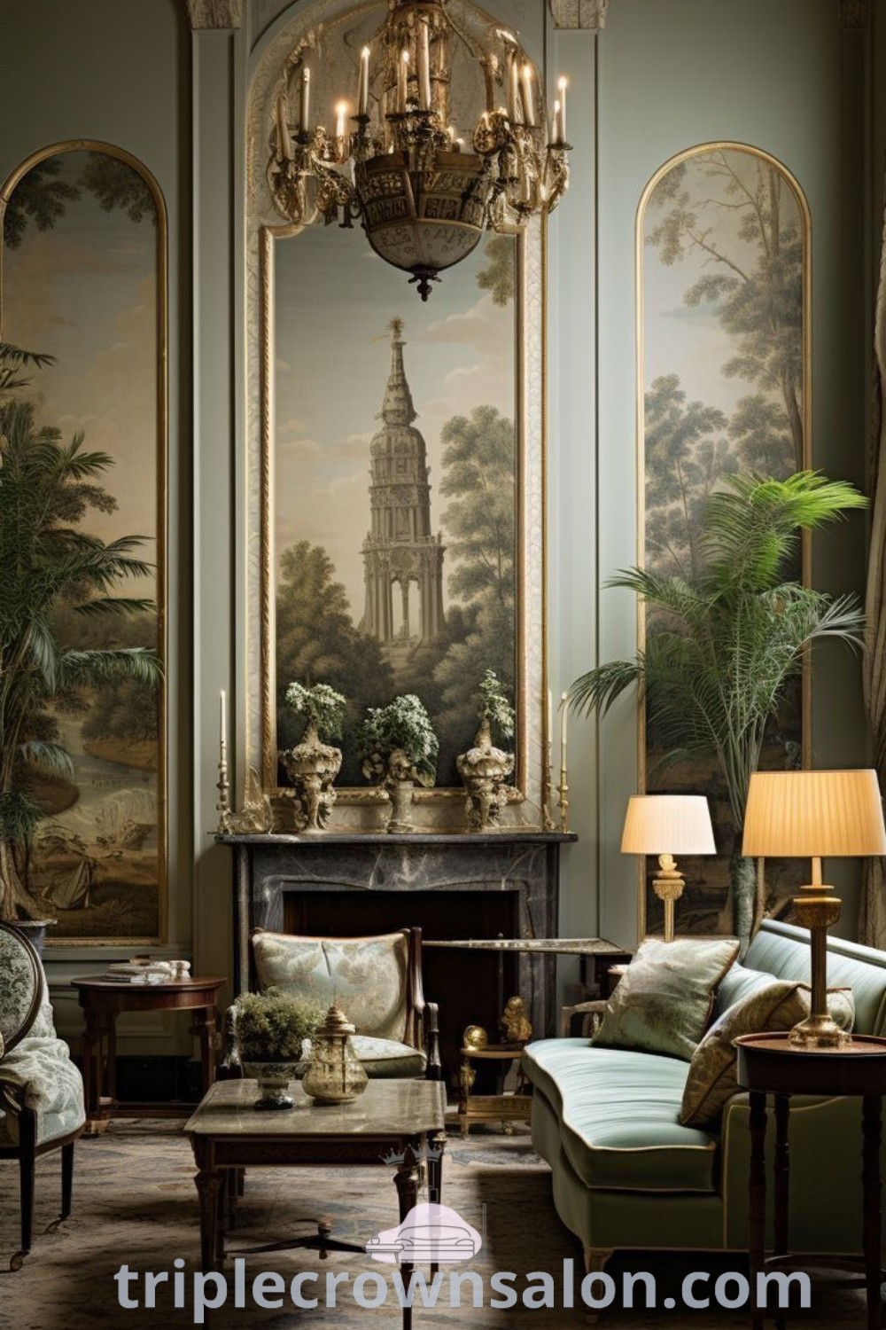 A charming French living room featuring elegant furniture, a beautiful chandelier, and classic decor elements that evoke cozy vibes. This inspiring space offers unique ideas for home design, blending Victorian and French Country styles. Discover more decor ideas at triplecrownsalon.com.