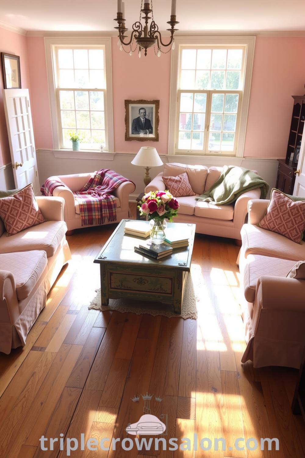 Cozy living room design showcasing soft pink hues, plush sofas, and a wooden coffee table adorned with books and fresh blooms, inviting relaxation and warmth, perfect for cozy home inspirations at fireplacesandwoodstoves.com.