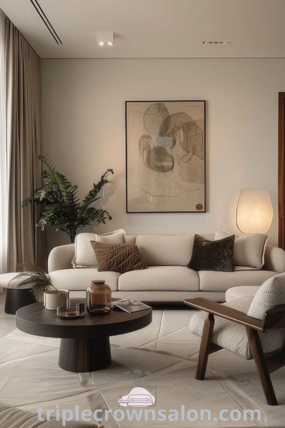 A modern living room filled with stylish furniture and a captivating painting above the windows, highlighting cozy aesthetic and decor ideas for small spaces. Discover inspiring living room designs at triplecrownsalon.com.