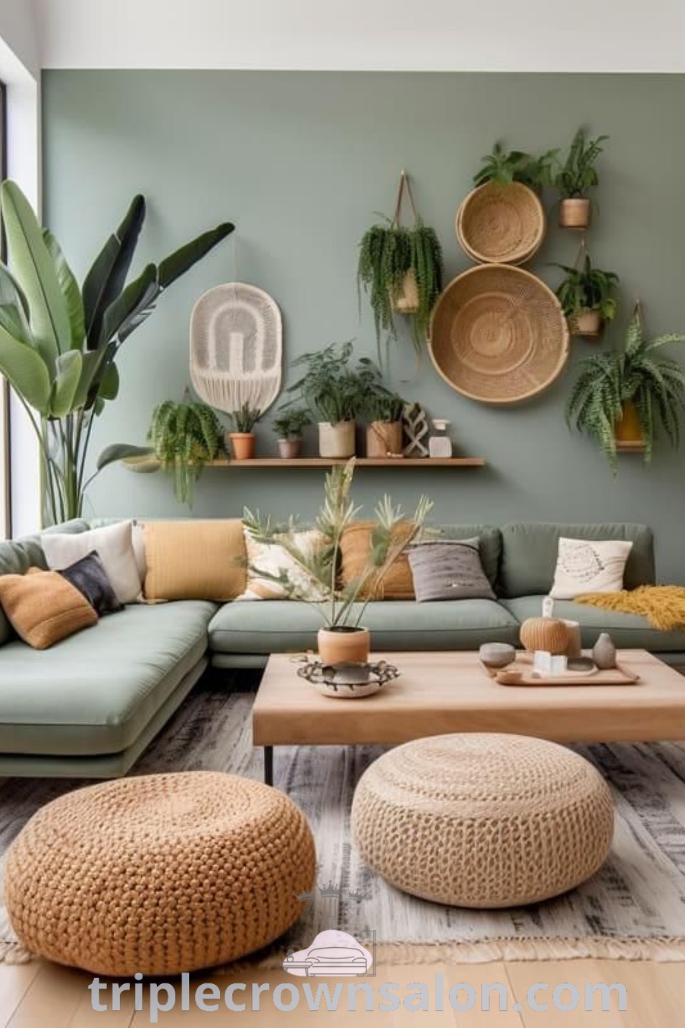 A cozy neutral living room adorned with plenty of plants and stylish furniture, showcasing earthy design elements and boho decor inspirations. This inviting space provides unique ideas for home decoration, perfect for small spaces or larger rooms. Explore more at triplecrownsalon.com.