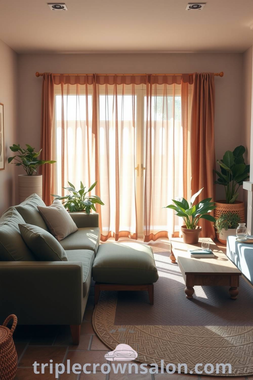 Cozy living room showcasing earth tones, a moss-green sofa, natural wooden furniture, woven baskets, sheer curtains, and thriving potted plants, creating an inviting and serene atmosphere. Visit triplecrownsalon.com for more inspiring decor ideas.