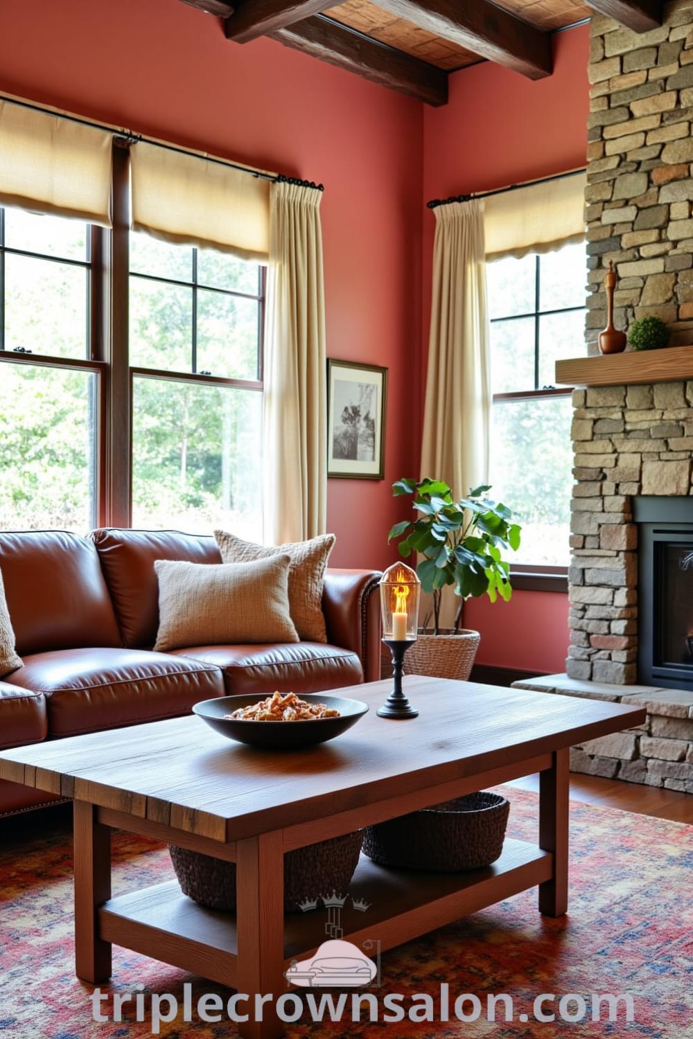Cozy rustic living room featuring warm pink walls, a reclaimed wood coffee table, a leather couch with handmade pillows, and a stone fireplace, creating an inviting atmosphere that inspires decor ideas and cozy home inspirations for your living space, featured on fireplacesandwoodstoves.com.