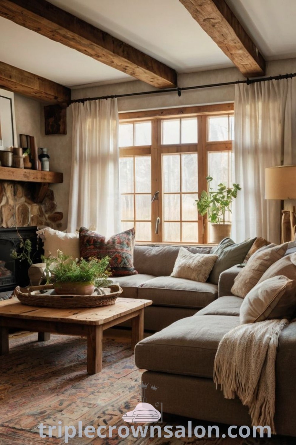 A cozy ranch living room filled with rustic furniture, a fireplace, and natural light from a large window. This inviting space showcases design ideas that reflect a farmhouse style, offering unique decor inspirations for your home. Find more cozy ideas at triplecrownsalon.com.