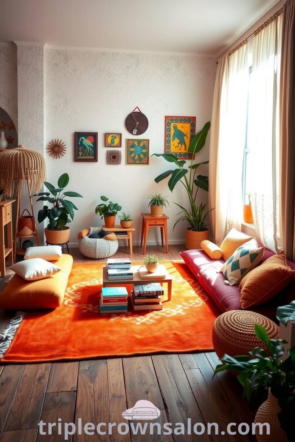 Boho living room featuring an orange rug, earthy floor cushions, and a low coffee table filled with books and plants, illuminated by natural light through sheer drapes, showcasing cozy ideas and decor inspirations for a unique home design at fireplacesandwoodstoves.com.