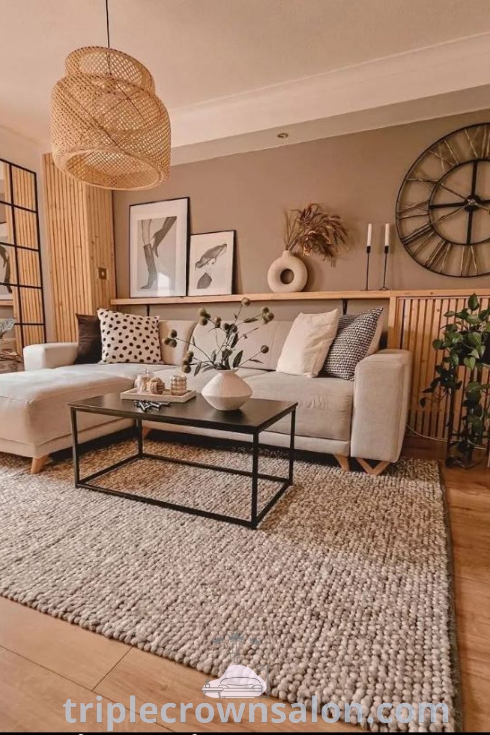 A cozy tan living room showcasing elegant decor ideas and a warm, inviting atmosphere. This space highlights design inspirations perfect for a boho living room, featuring comforting furnishings and stylish accents. Discover more unique ideas for your home at wellnesswink.com.