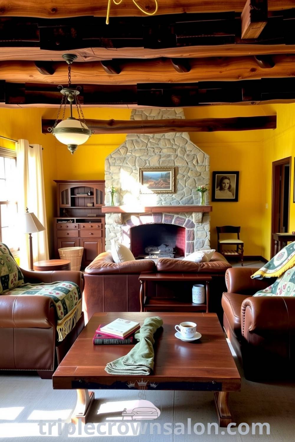 Cozy rustic living room featuring sunlit yellow walls, exposed wooden beams, a leather sofa, a stone fireplace, handmade quilts, a sturdy coffee table with well-loved books, and a steaming mug of tea, reflecting cozy design ideas and inspirations for your home at triplecrownsalon.com.
